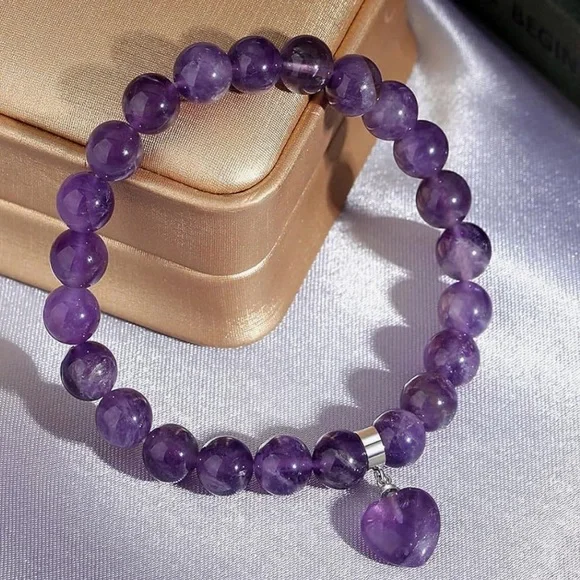🆕New Amethyst Healing Beaded Bracelet with Heart Charm - Picture 3 of 7